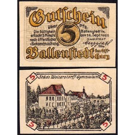 Allemagne - Notgeld - Ballenstedt-im-Harz - 5 pfennig - Type 2 - 28/09/1920 - Etat : SPL