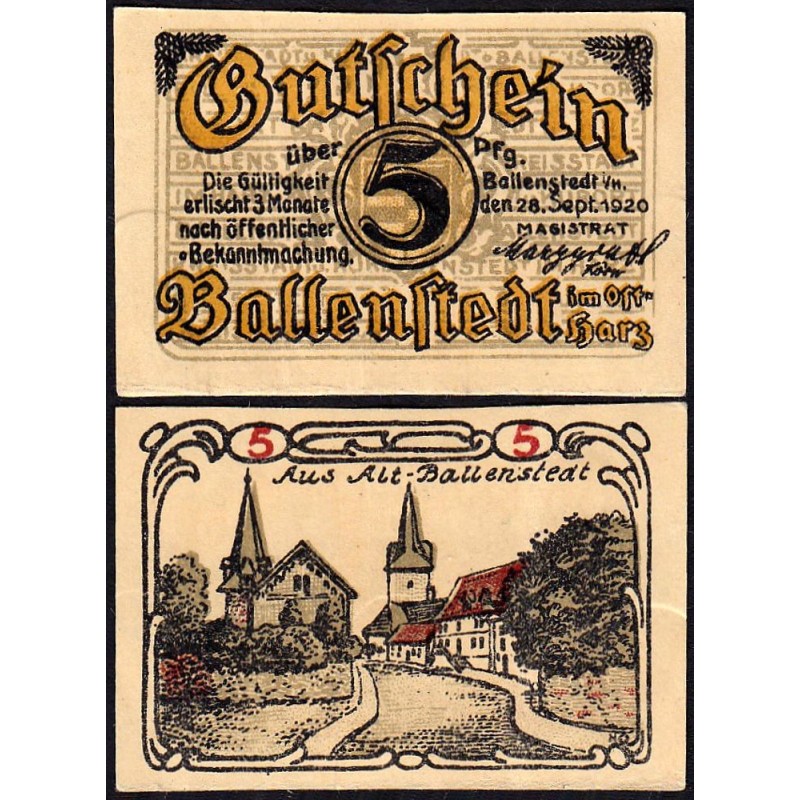 Allemagne - Notgeld - Ballenstedt-am-Harz - 5 pfennig - Type 8 - 28/09/1920 - Etat : SPL