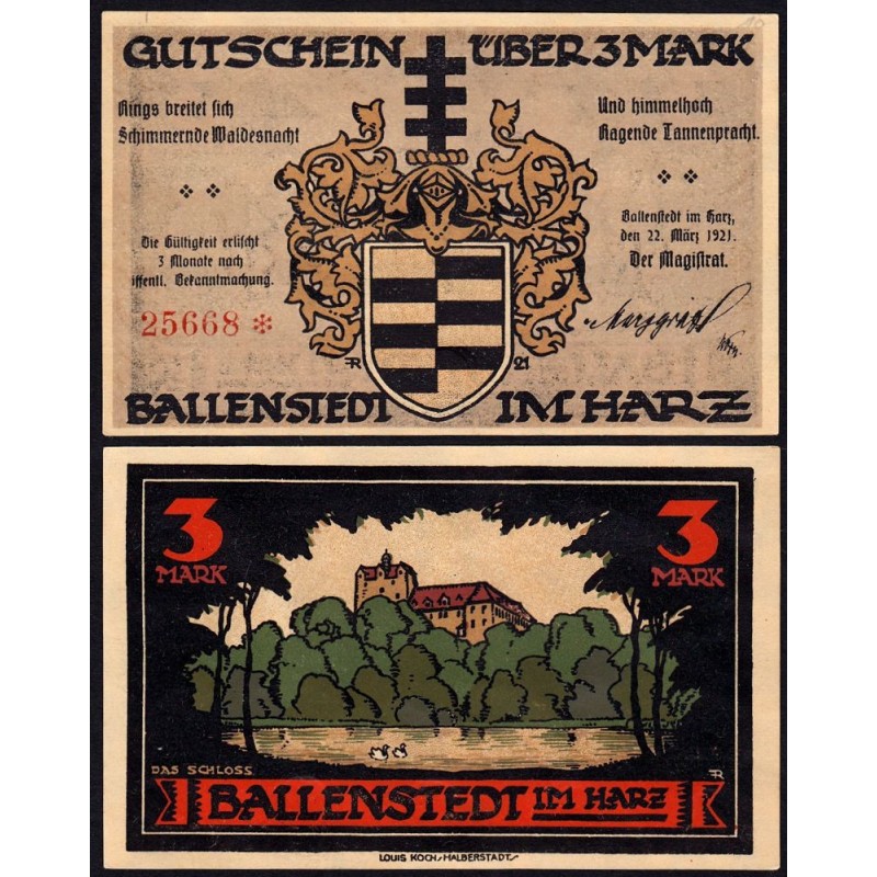 Allemagne - Notgeld - Ballenstedt-am-Harz - 3 mark - Type 3 - 22/03/1921 - Etat : SPL