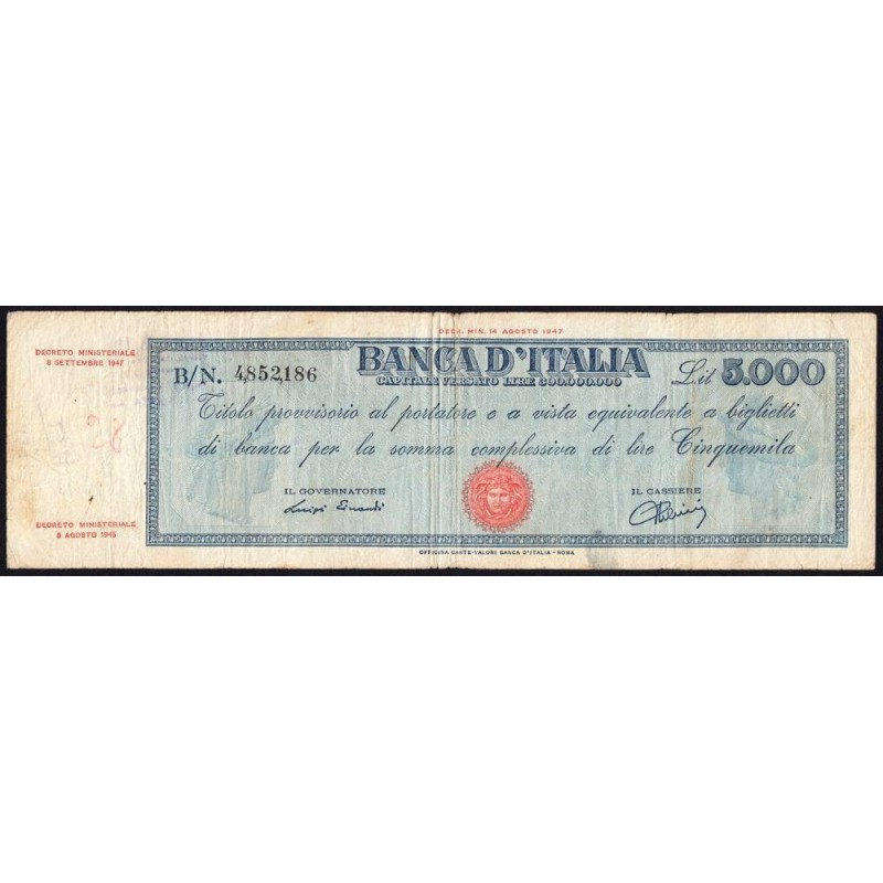 Italie - Pick 86a_1 - 5'000 lire - Série B - 08/09/1947 - Etat : TB+