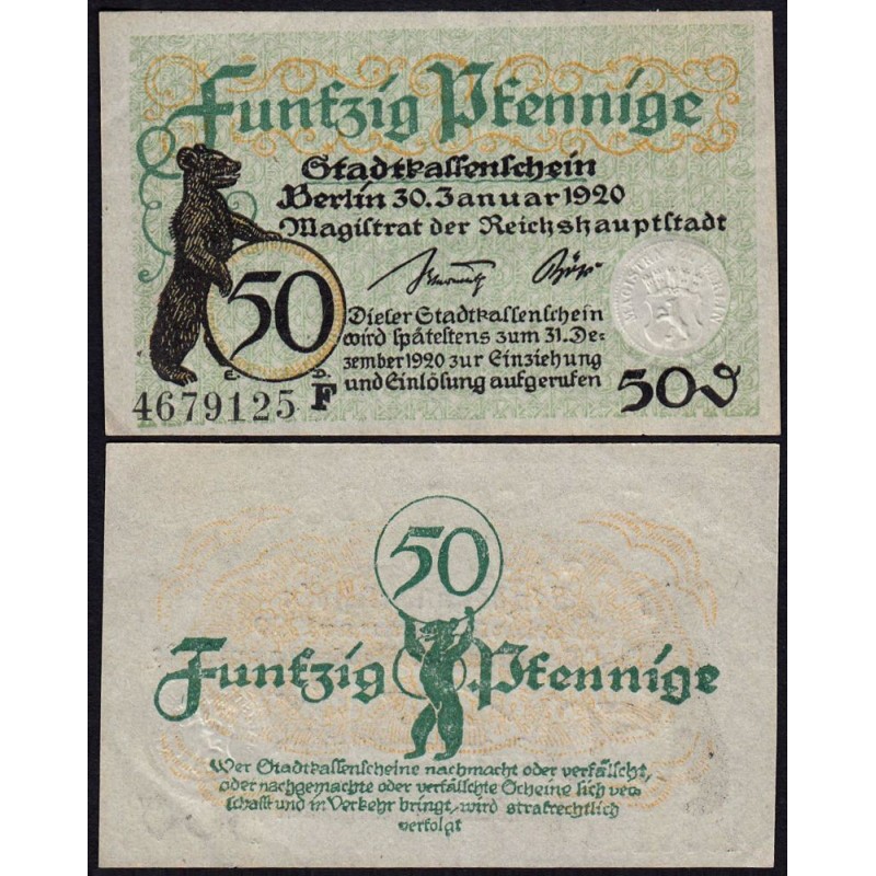 Allemagne - Notgeld - Berlin - 50 pfennig - Série F - 30/01/1920 - Etat : SPL