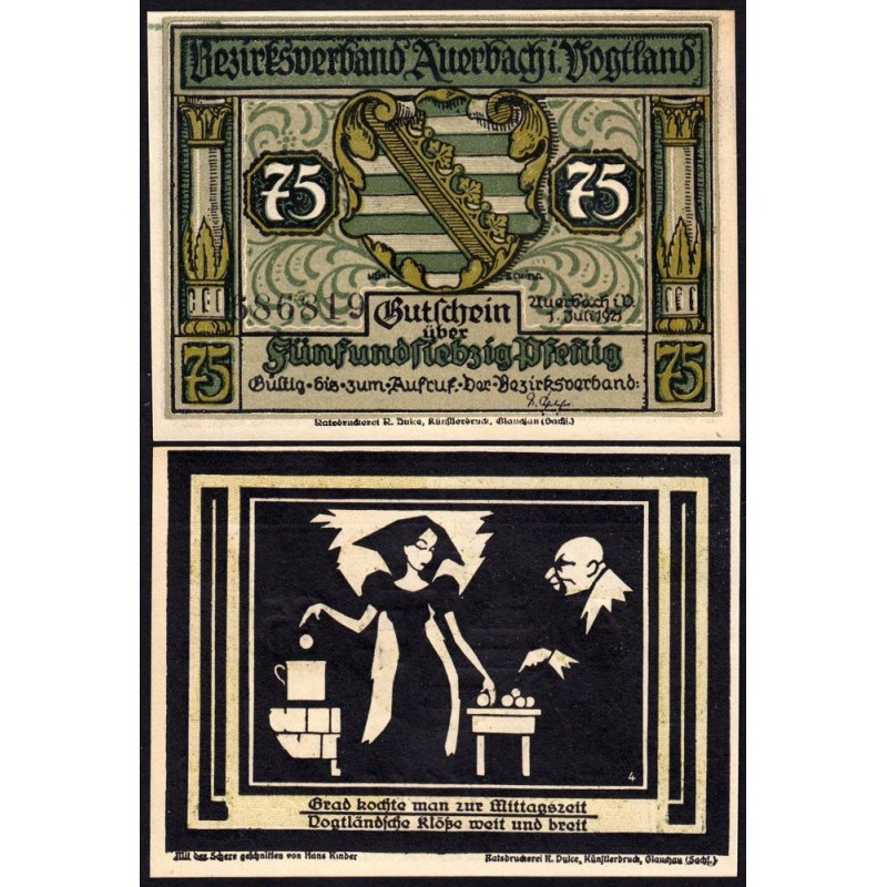 Allemagne - Notgeld - Auerbach - 75 pfennig - Type 2b - Numéro 4 - 01/07/1921 - Etat : NEUF