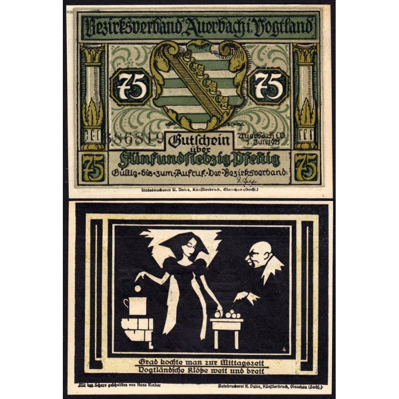 Allemagne - Notgeld - Auerbach - 75 pfennig - Illustration 4 - Type b - 01/07/1921 - Etat : NEUF