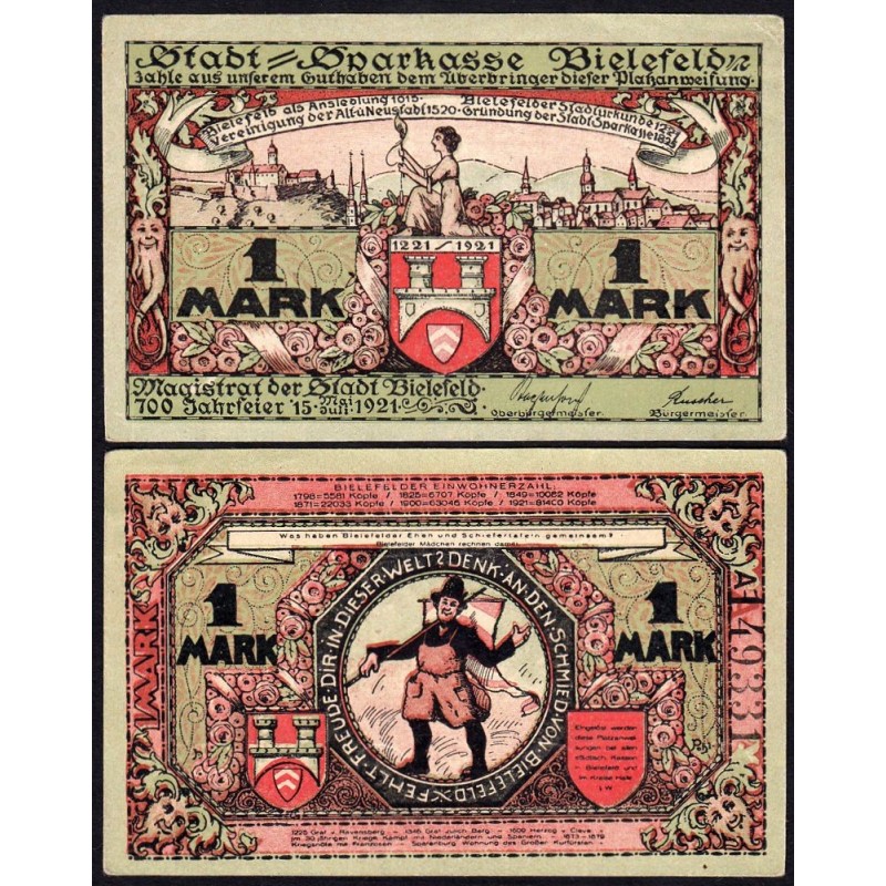 Allemagne - Notgeld - Bielefeld - 1 mark - Série A - Réf. a - 15/05/1921 - Etat : SUP