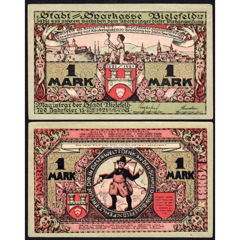 Allemagne - Notgeld - Bielefeld - 1 mark - Série A - 15/05/1921 - Etat : SUP