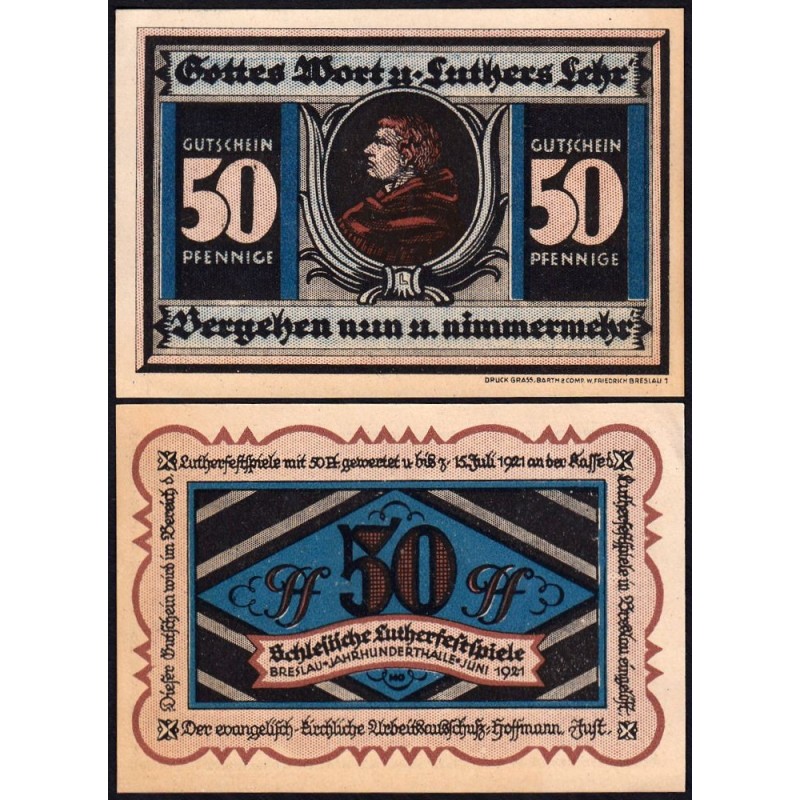 Pologne - Notgeld - Breslau (Wroclaw) - 50 pfennig - Lettre L - 06/1921 - Etat : SPL