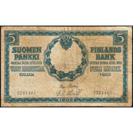 Finlande - Pick 9a_5 - 5 markkaa kullassa - 1909 - Etat : B+