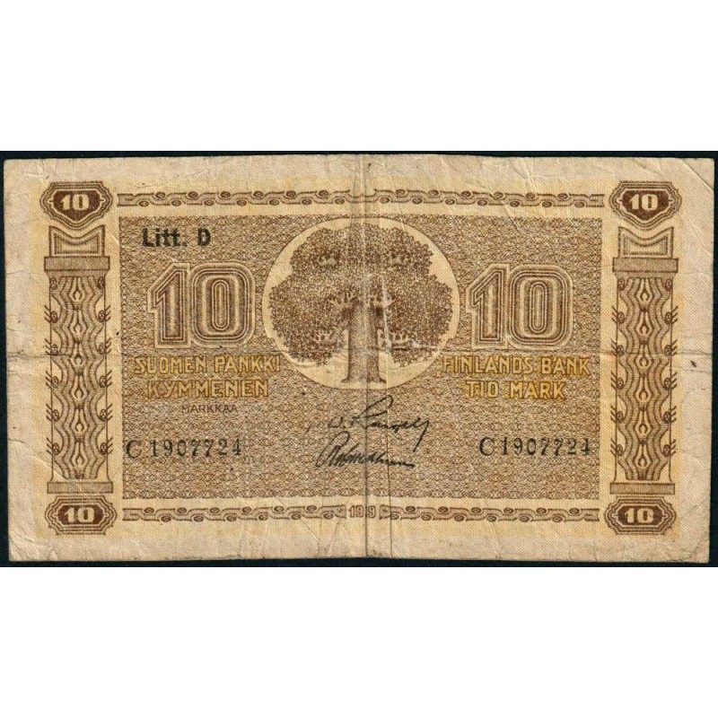 Finlande - Pick 70b_8 - 10 markkaa - Litt. D - Série C - 1939 - Etat : TB-