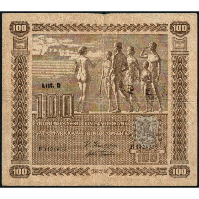 Finlande - Pick 73_12 - 100 markkaa - Litt. D - Série B - 1939 (1940) - Etat : TB-