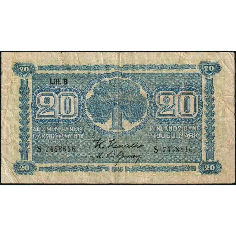 Finlande - Pick 86_4 - 20 markkaa - Litt. B - Série S - 1945 (1948) - Etat : TB-