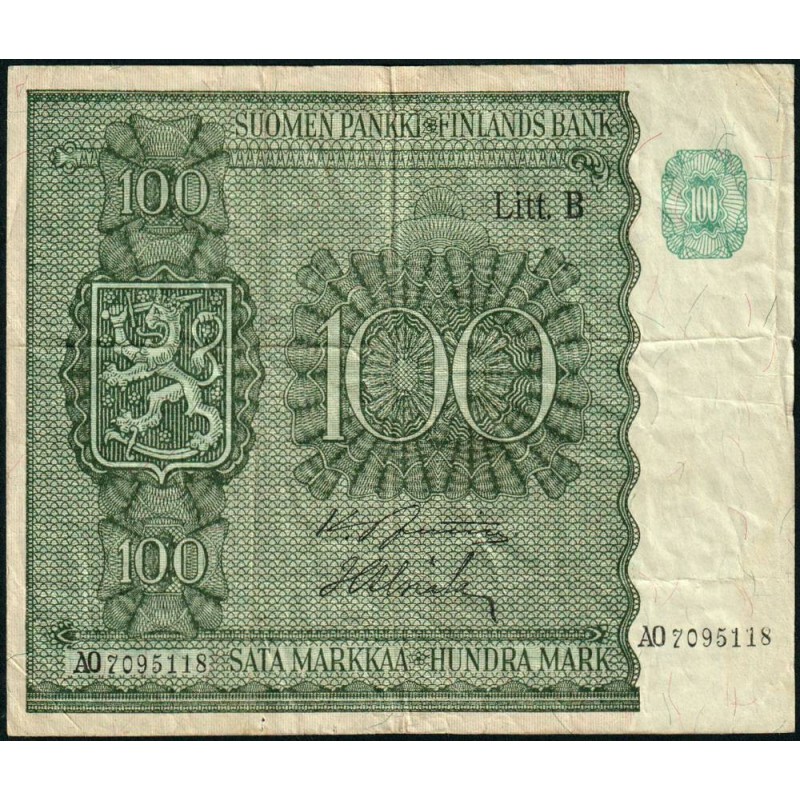 Finlande - Pick 88_7 - 100 markkaa - Litt.B - Série AO - 1945 (1948) - Etat : TB