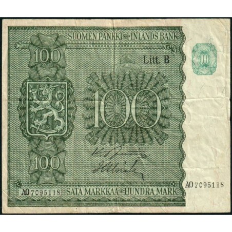 Finlande - Pick 88_7 - 100 markkaa - Litt.B - Série AO - 1945 (1948) - Etat : TB