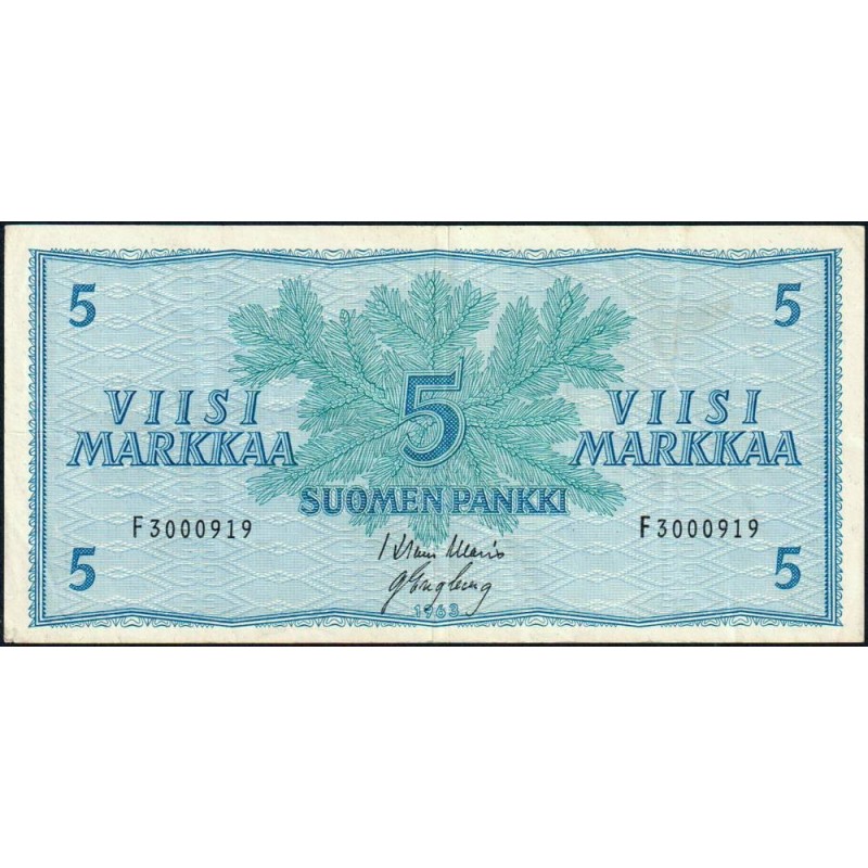 Finlande - Pick 99a_2 - 5 markka - série F - 1963 - Etat : TTB