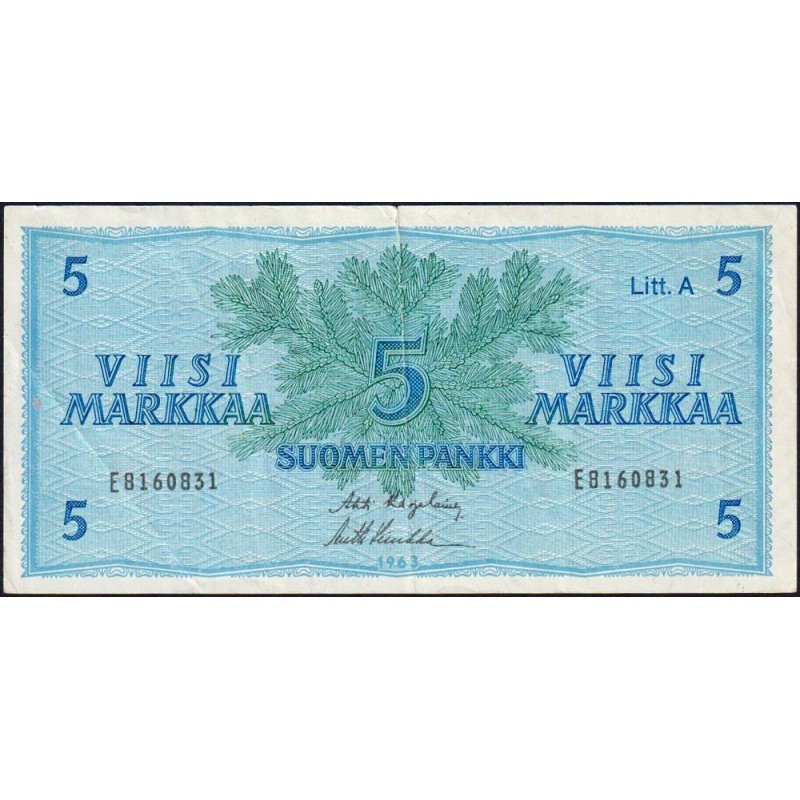 Finlande - Pick 103a_13 - 5 markkaa - Litt. A - Série E - 1963 (1976) - Etat : TB+