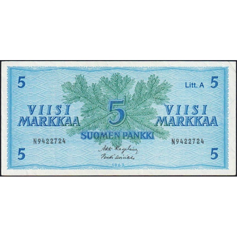 Finlande - Pick 103a_19 - 5 markkaa - Litt. A - Série N - 1963 (1976) - Etat : SUP