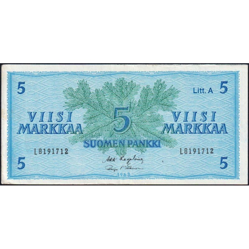 Finlande - Pick 103a_20 - 5 markkaa - Litt. A - Série L - 1963 (1976) - Etat : TTB+