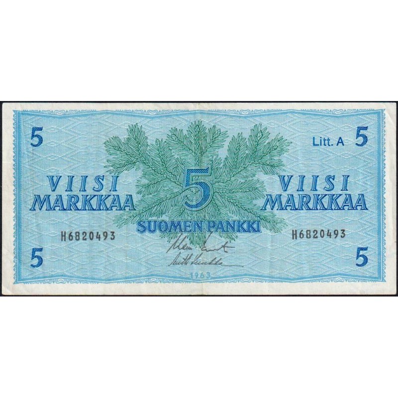 Finlande - Pick 103a_23 - 5 markkaa - Litt. A - Série H - 1963 (1976) - Etat : TTB