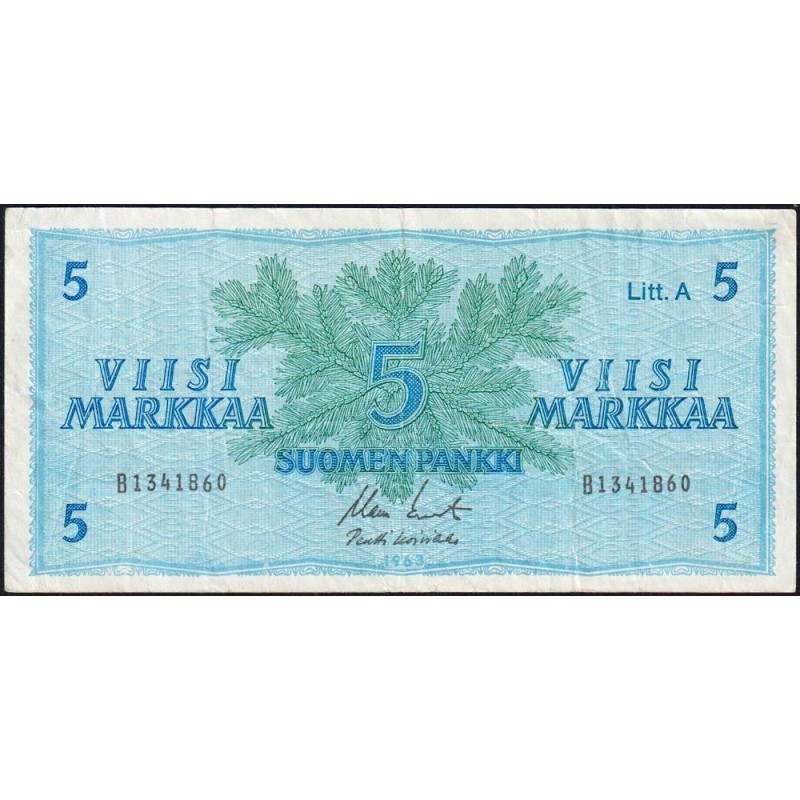 Finlande - Pick 103a_29 - 5 markkaa - Litt. A - Série B - 1963 (1976) - Etat : TB+