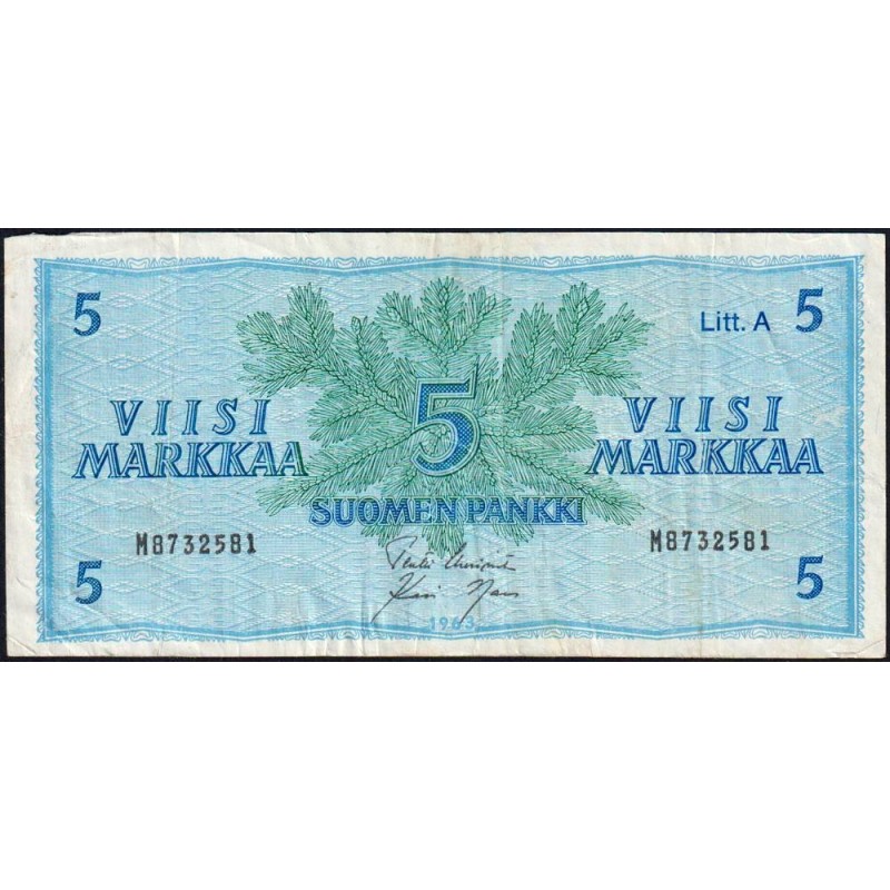 Finlande - Pick 103a_51 - 5 markkaa - Litt. A - Série M - 1963 (1976) - Etat : TB