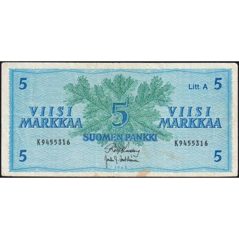 Finlande - Pick 103a_54 - 5 markkaa - Litt. A - Série K - 1963 (1976) - Etat : TB