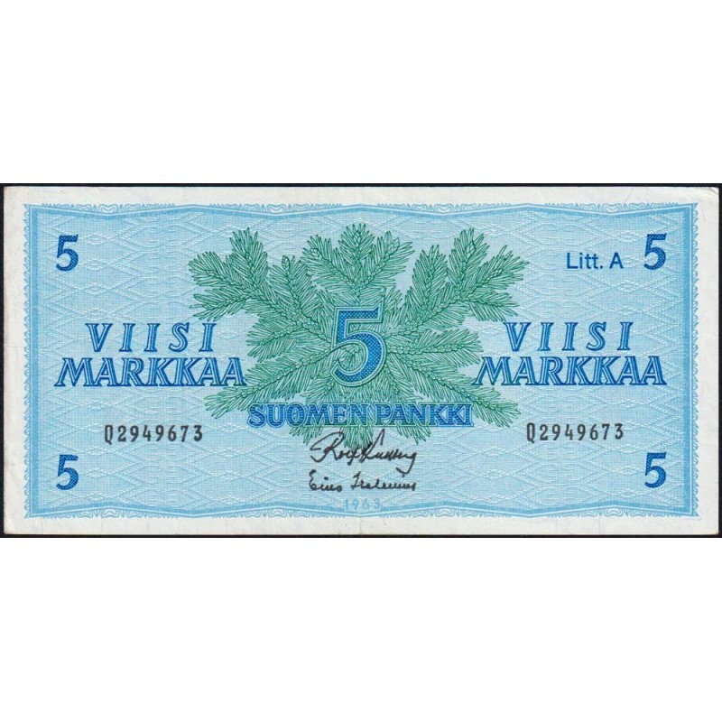 Finlande - Pick 103a_59 - 5 markkaa - Litt. A - Série Q - 1963 (1976) - Etat : SUP