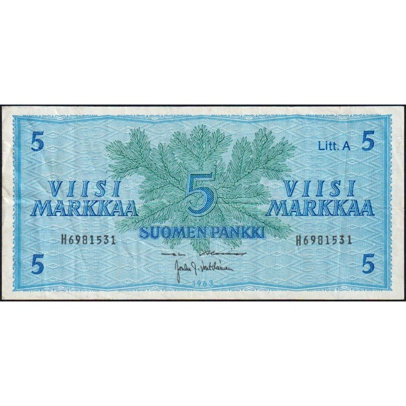 Finlande - Pick 103a_65 - 5 markkaa - Litt. A - Série H - 1963 (1976) - Etat : TB+