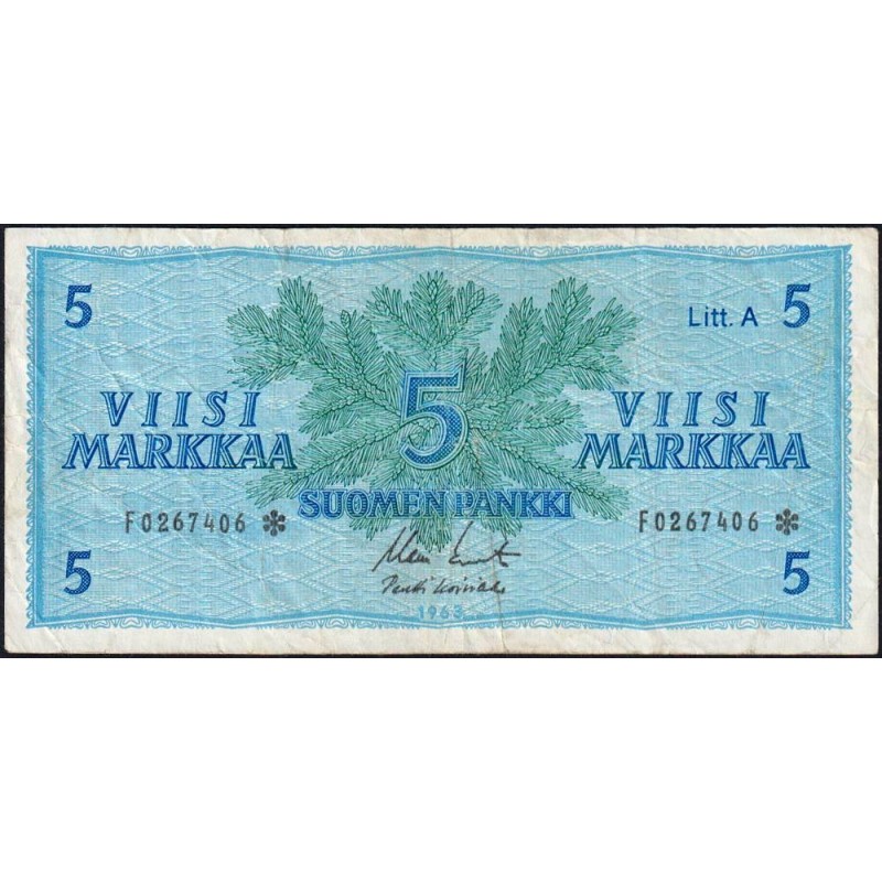 Finlande - Pick 103r_29 (remplacement) - 5 markkaa - Litt. A - Série F - 1963 (1976) - Etat : TB+