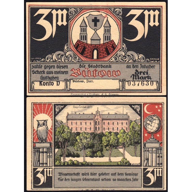 Pologne - Notgeld - Bütow (Bytów) - 3 mark - Konto D - Réf. 1 - 1922 - Etat : NEUF