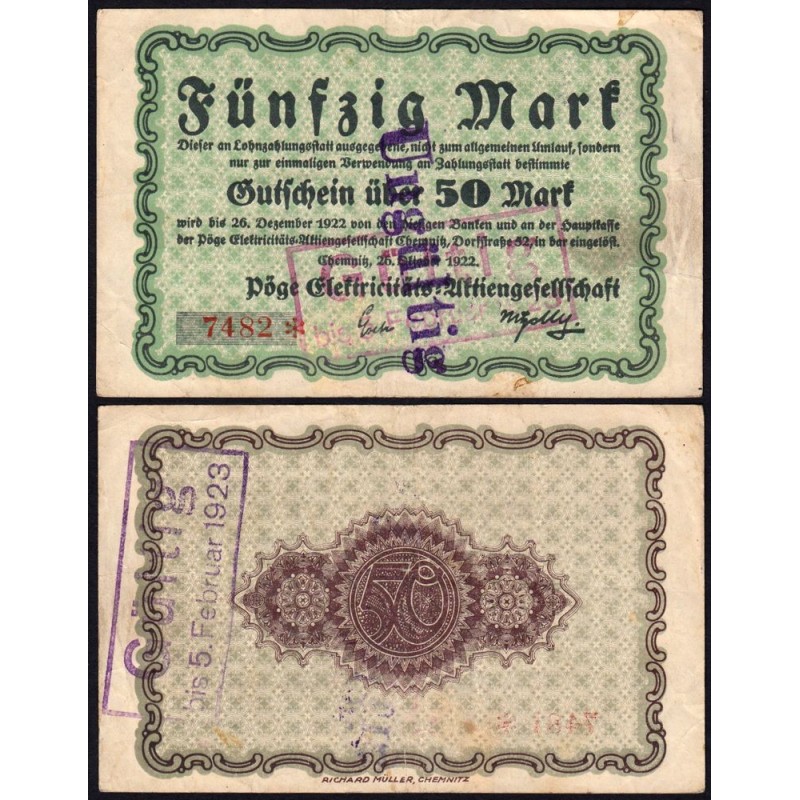 Allemagne - Notgeld - Chemnitz - 50 mark - 26/10/1922 - Etat : TTB