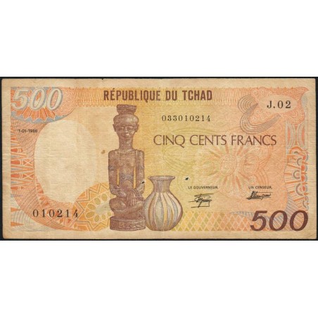 Tchad - Pick 9a_2 - 500 francs - Série J.02 - 01/01/1986 - Etat : B+