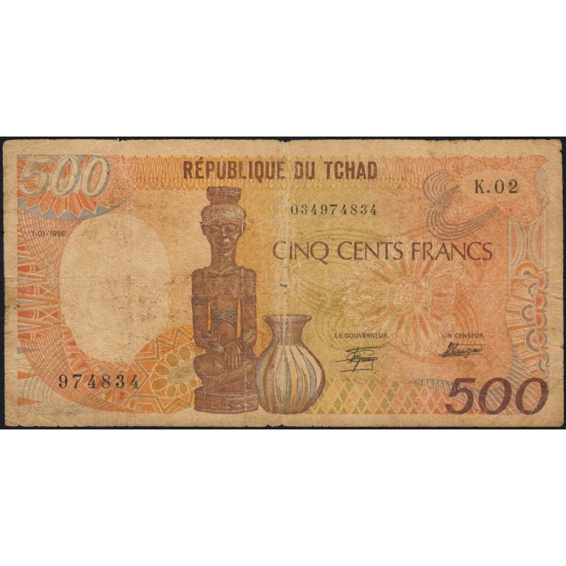 Tchad - Pick 9a_2 - 500 francs - Série K.02 - 01/01/1986 - Etat : B