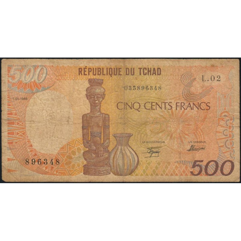 Tchad - Pick 9a_2 - 500 francs - Série L.02 - 01/01/1986 - Etat : B
