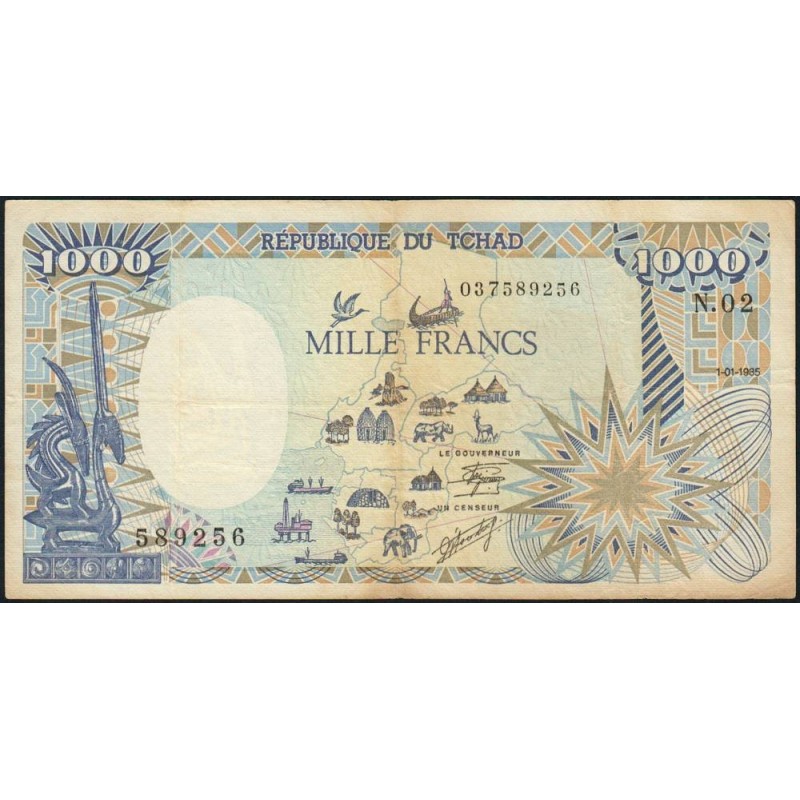 Tchad - Pick 10Aa_1 - 1'000 francs - Série N.02 - 01/01/1985 - Etat : TB