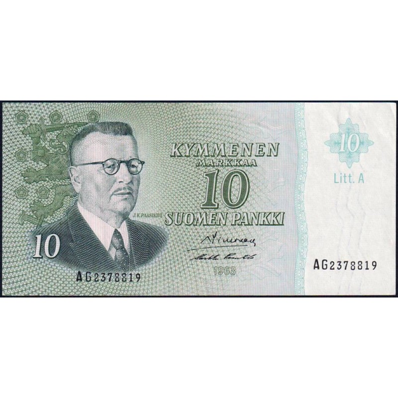Finlande - Pick 104a_14 - 10 markkaa - Litt. A - Série AG - 1963 (1968) - Etat : SUP+
