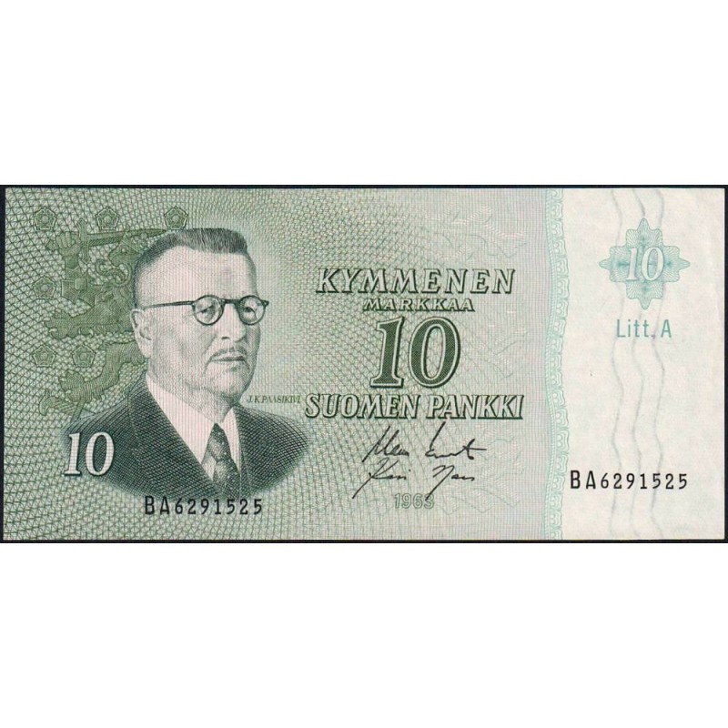 Finlande - Pick 104a_55 - 10 markkaa - Litt. A - Série BA - 1963 (1968) - Etat : SPL