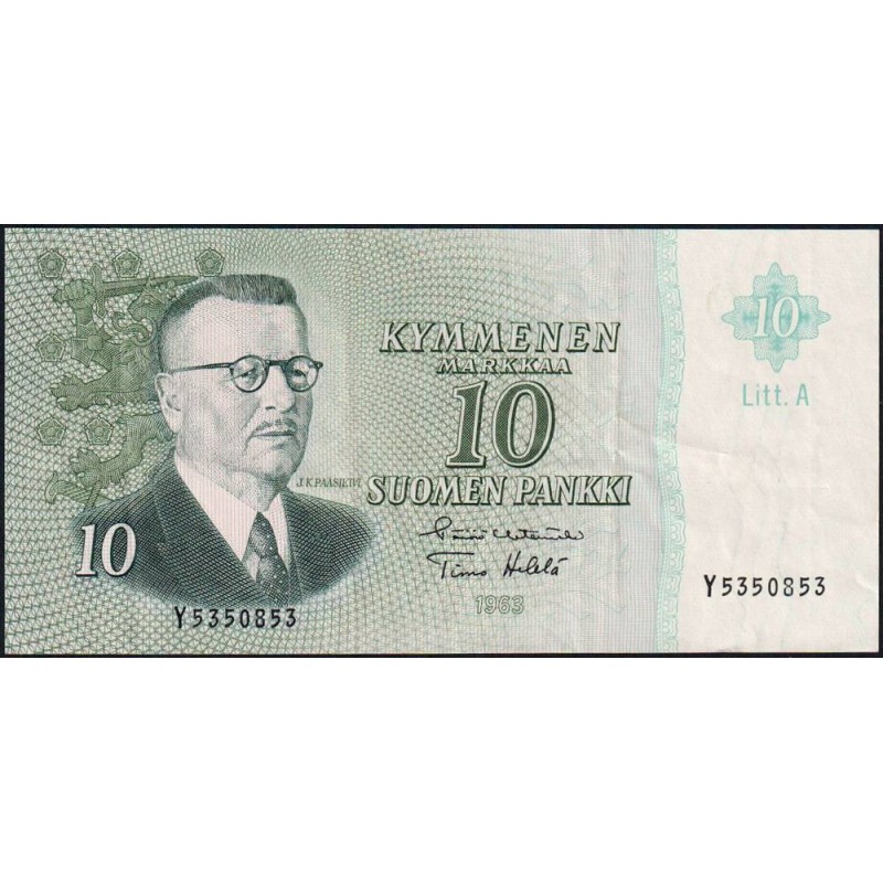 Finlande - Pick 104a_72 - 10 markkaa - Litt. A - Série Y - 1963 (1968) - Etat : TTB+