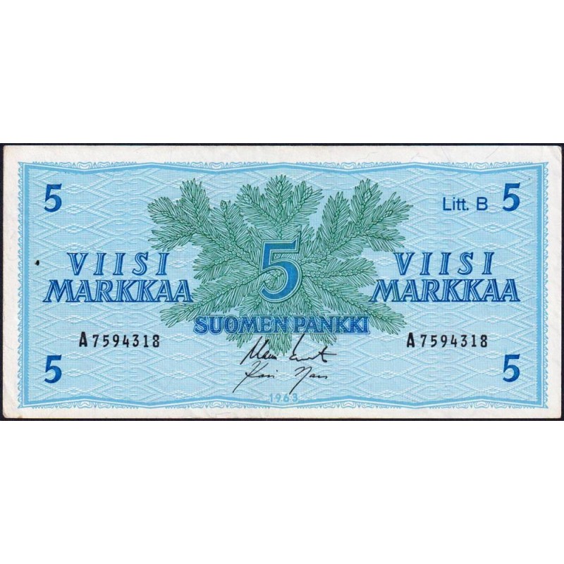 Finlande - Pick 106Aa_14 - 5 markkaa - Litt. B - Série A - 1963 (1980) - Etat : SUP