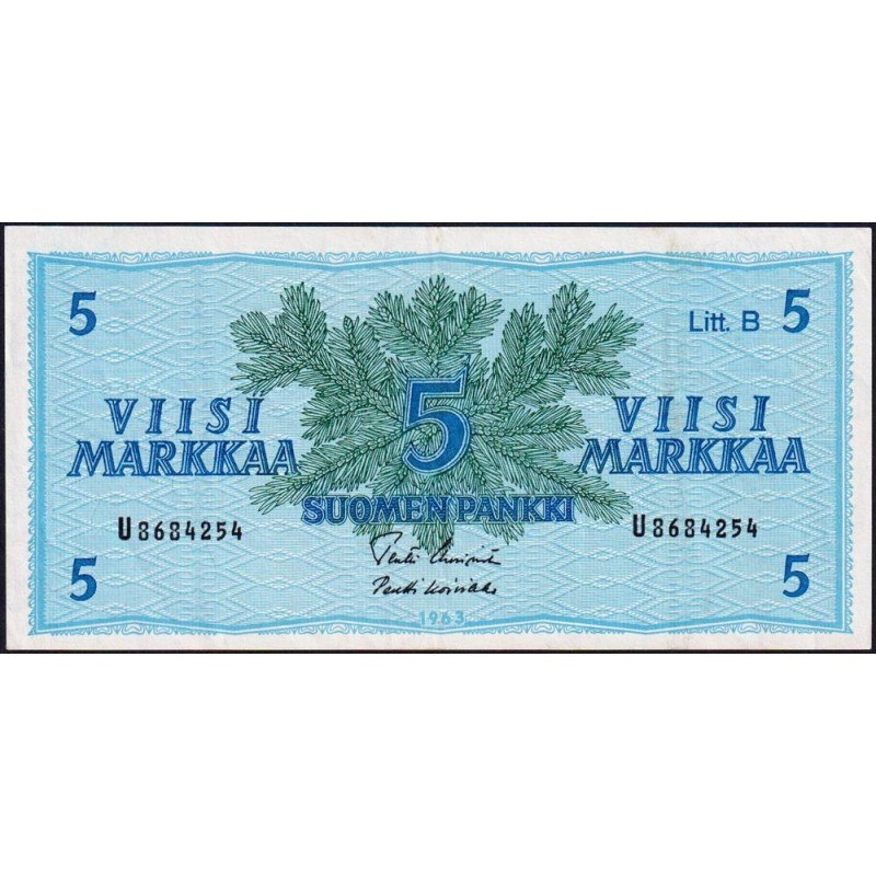Finlande - Pick 106Aa_19 - 5 markkaa - Litt. B - Série U - 1963 (1980) - Etat : TTB+