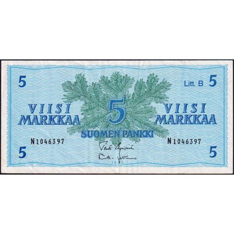 Finlande - Pick 106Aa_22 - 5 markkaa - Litt. B - Série N - 1963 (1980) - Etat : TTB