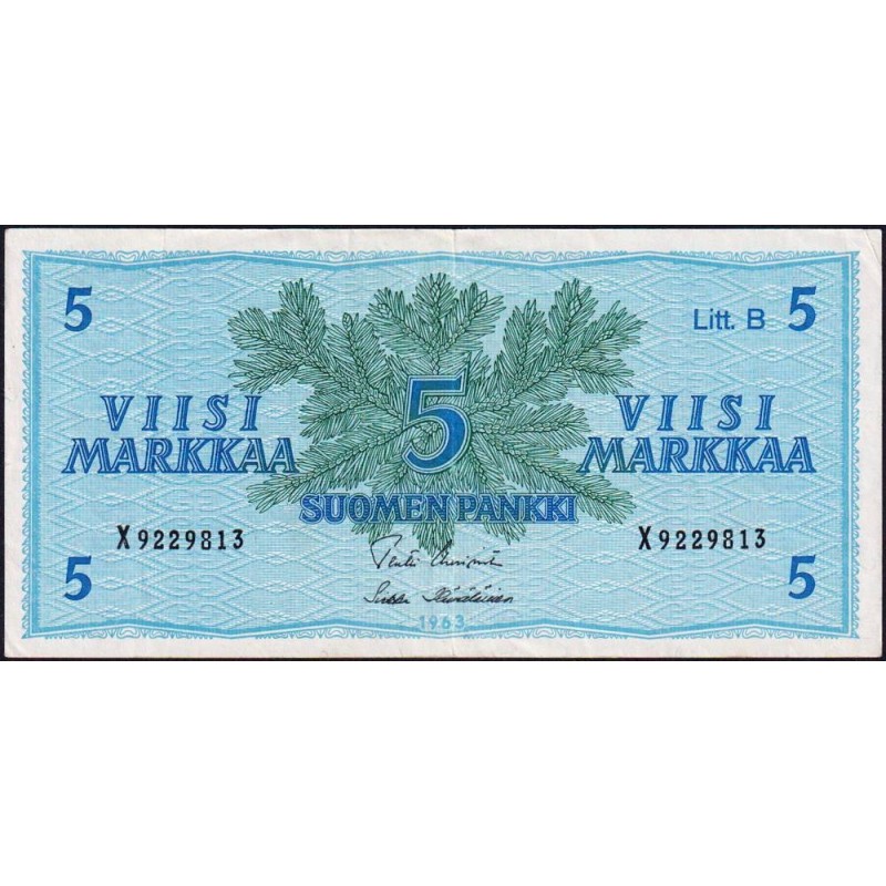 Finlande - Pick 106Aa_23 - 5 markkaa - Litt. B - Série X - 1963 (1980) - Etat : TTB+