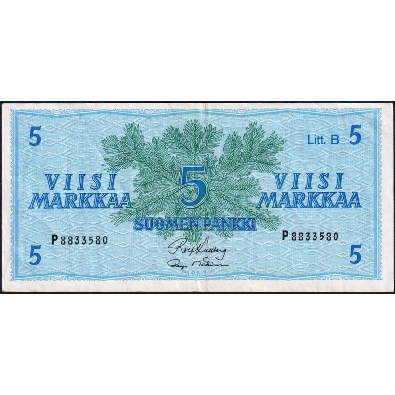 Finlande - Pick 106Aa_29 - 5 markkaa - Litt.B - Série P - 1963 (1980) - Etat : TTB