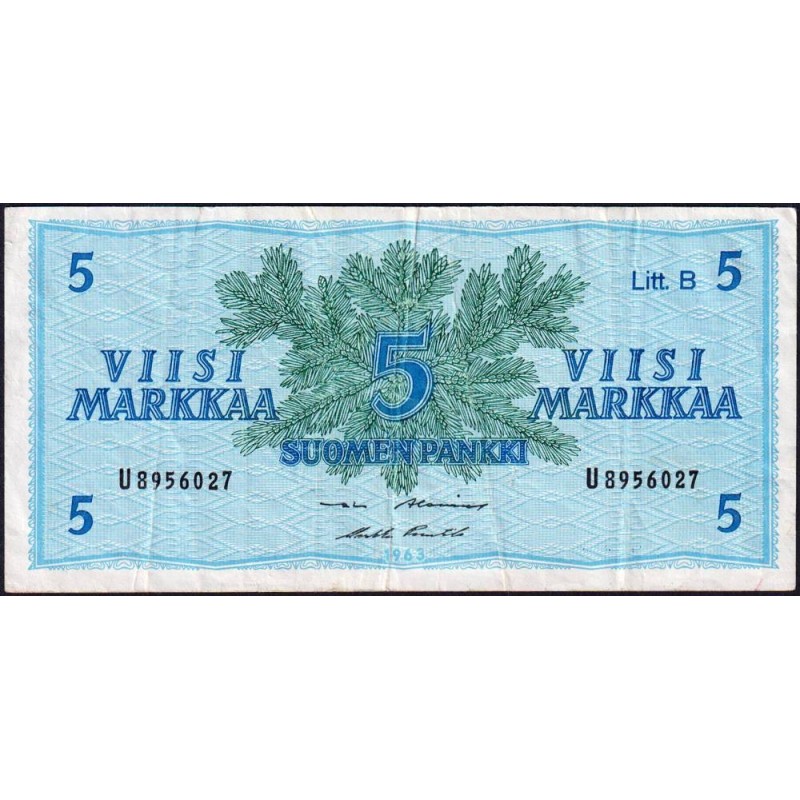 Finlande - Pick 106Aa_33 - 5 markkaa - Litt. B - Série U - 1963 (1980) - Etat : TB+