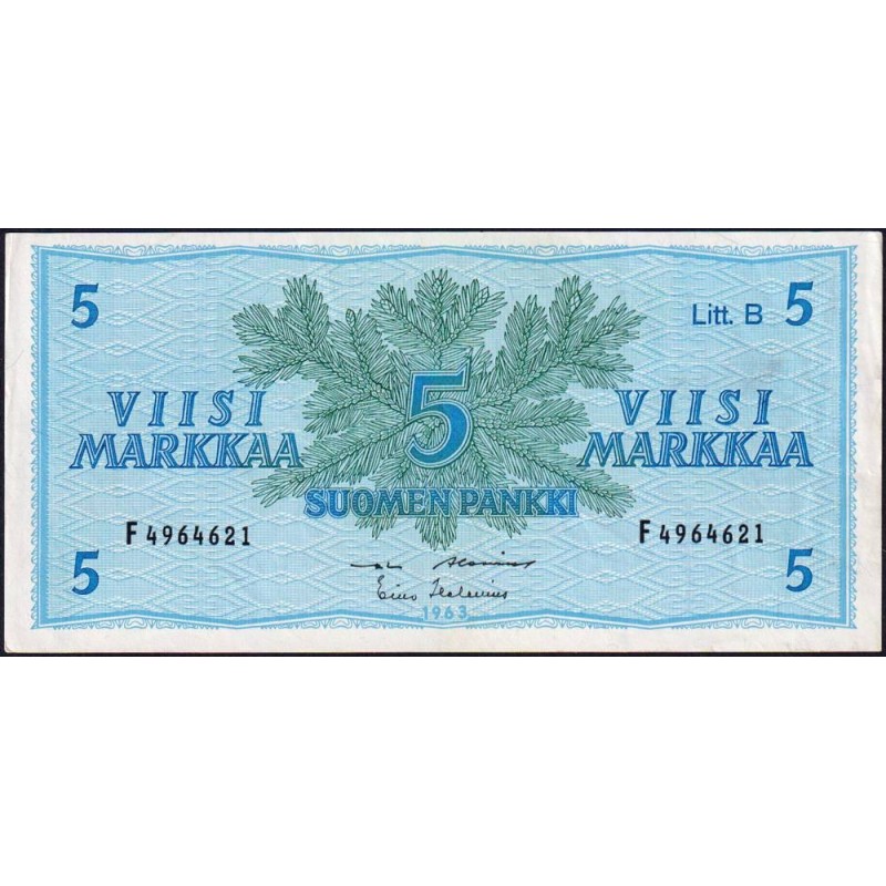 Finlande - Pick 106Aa_35 - 5 markkaa - Litt. B - Série F - 1963 (1980) - Etat : TTB+