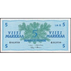 Finlande - Pick 106Aa_37 - 5 markkaa - Litt. B - Série A - 1963 (1980) - Etat : TTB+