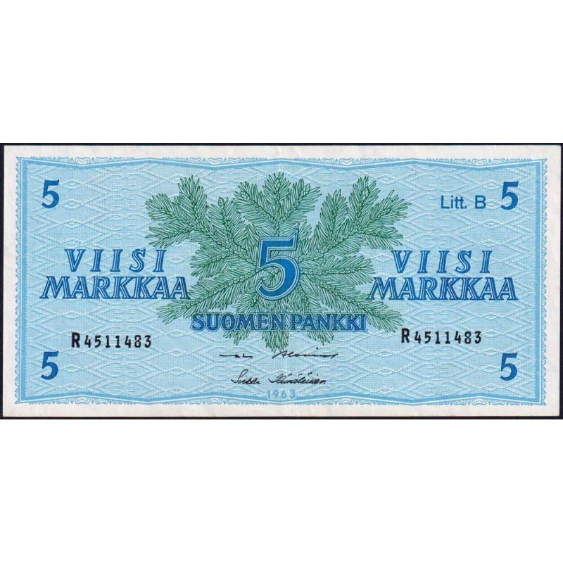 Finlande - Pick 106Aa_40 - 5 markkaa - Litt. B - Série R - 1963 (1980) - Etat : SUP