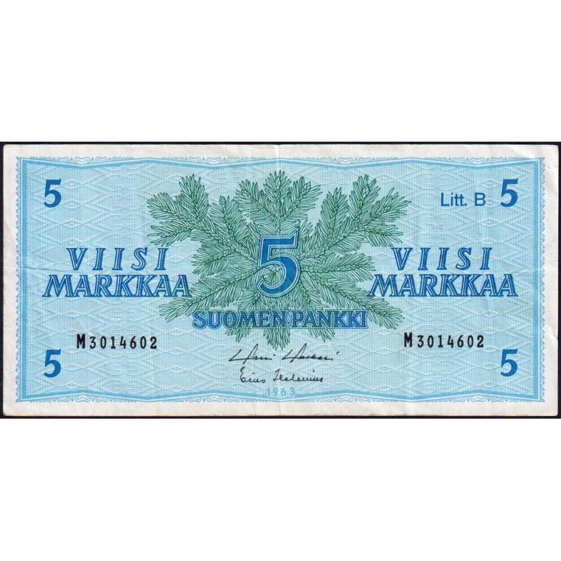 Finlande - Pick 106Aa_43 - 5 markkaa - Litt. B - Série M - 1963 (1980) - Etat : TTB