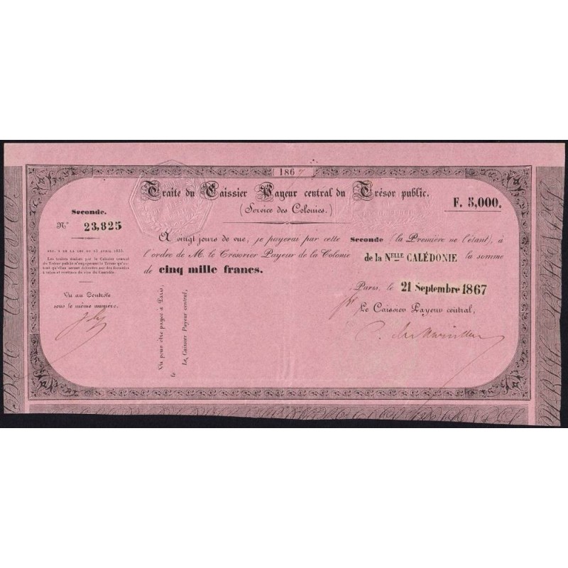 Nouvelle Calédonie - Sidney - Kolsky non réf. - Seconde traite de 5'000 francs - 1867 - Etat : TTB+