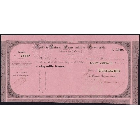 Nouvelle Calédonie - Sidney - Kolsky non réf. - Seconde traite de 5'000 francs - 1867 - Etat : TTB+