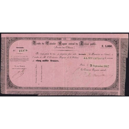 Nouvelle Calédonie - Sidney - Kolsky non réf. - Seconde traite de 5'000 francs - 1867 - Etat : TTB+