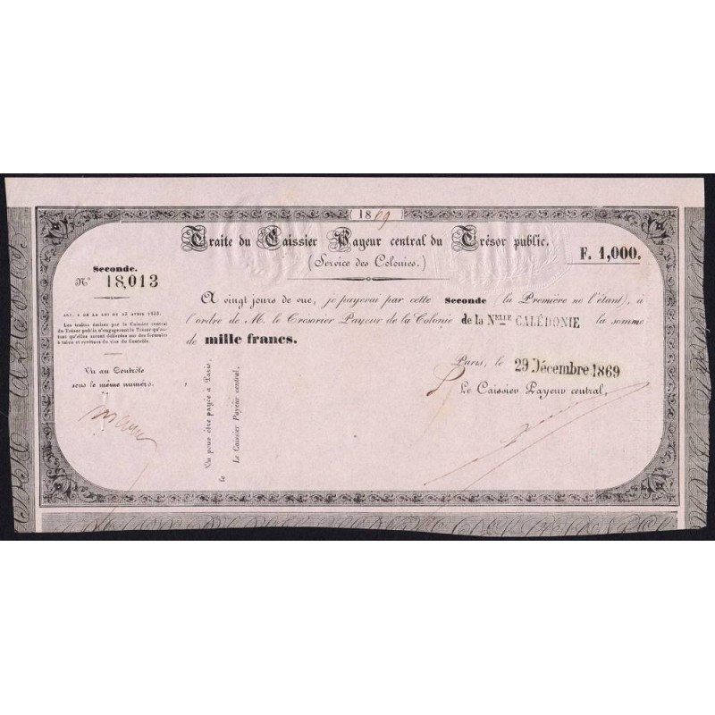 Nouvelle Calédonie - Kolsky non réf. - Seconde traite de 1'000 francs - 1869 - Etat : SUP